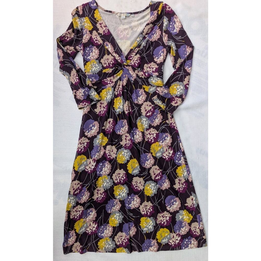 Boden Womens V Neck Floral Jersey Dress 2R 3/4 Sleeve Purple Fitted Knee Length